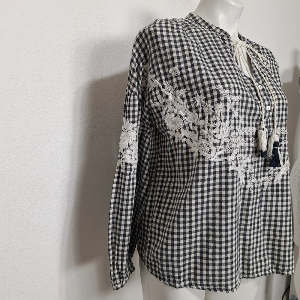ZARA Trafaluc Gingham Coquette Cottagecore Bohemian Embroidered Babydoll Top M